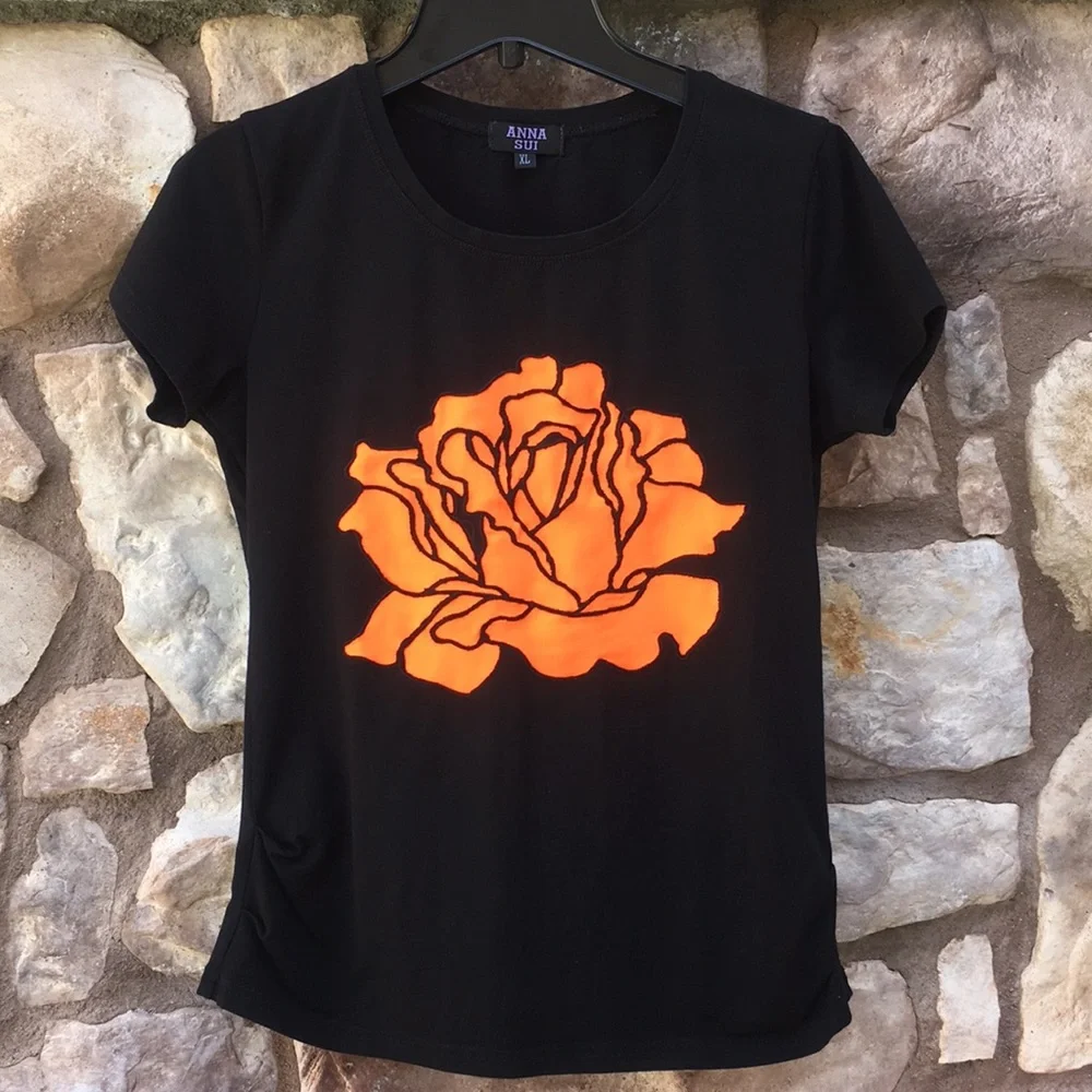 Anna Sui Short Sleeve Orange Flower Black T-shirt size Small Medium - Picture 10 of 10